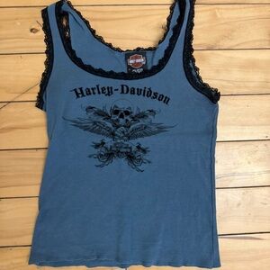 Vintage 90s Blue Harley Davidson Lace Graphic Tank Top